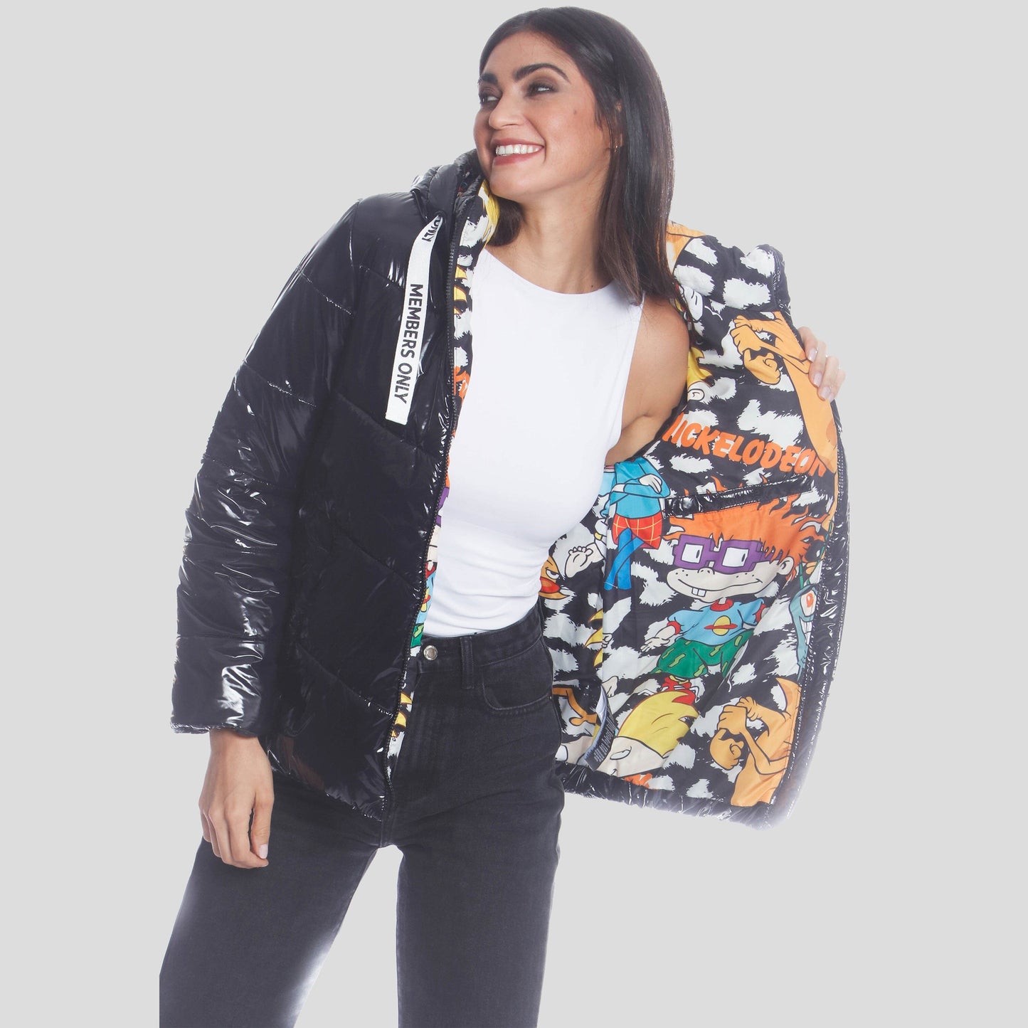 Women's Hi-Shine Chevron Quilt Puffer with Nickelodeon Mashup Print Lining Jacket - FINAL SALE