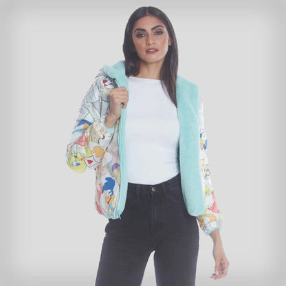 Women's  Faux Rabbit Fur Reversible Bomber Looney Tunes Satin Mashup Print Lining Jacket - FINAL SALE